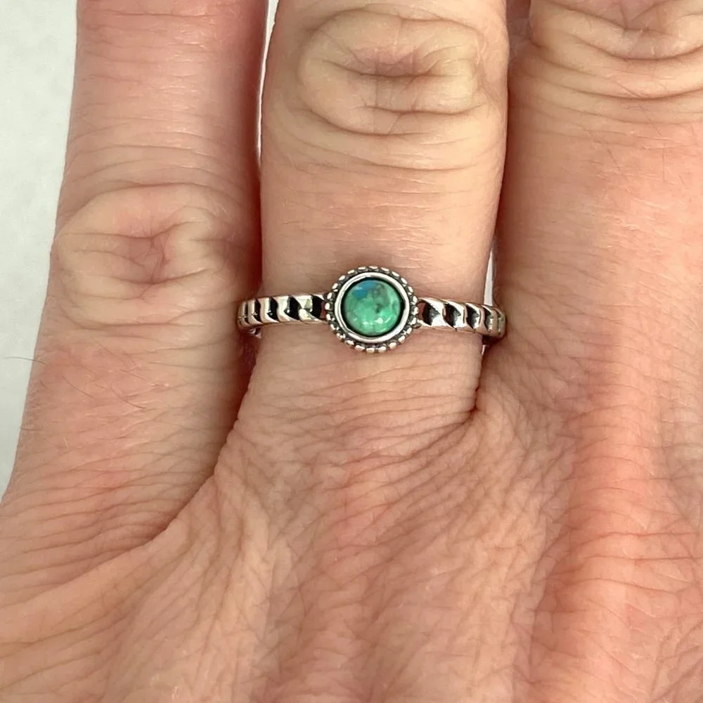 Sterling Silver 925 Dainty Minimalist Round Turquoise Twisted Band Ring Sz 7.25